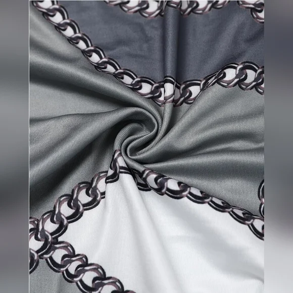 CHICME Womens 2pc Long Sleeve Top, Chain Print Color Block Skirt Sage Gray White - Picture 8 of 11